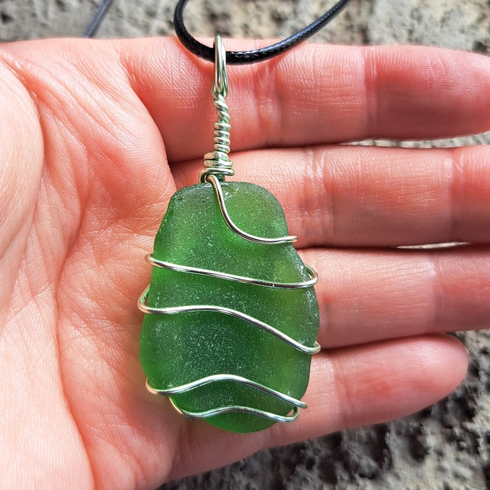 Green Sea Glass Necklace Handmade Coastal Jewelry